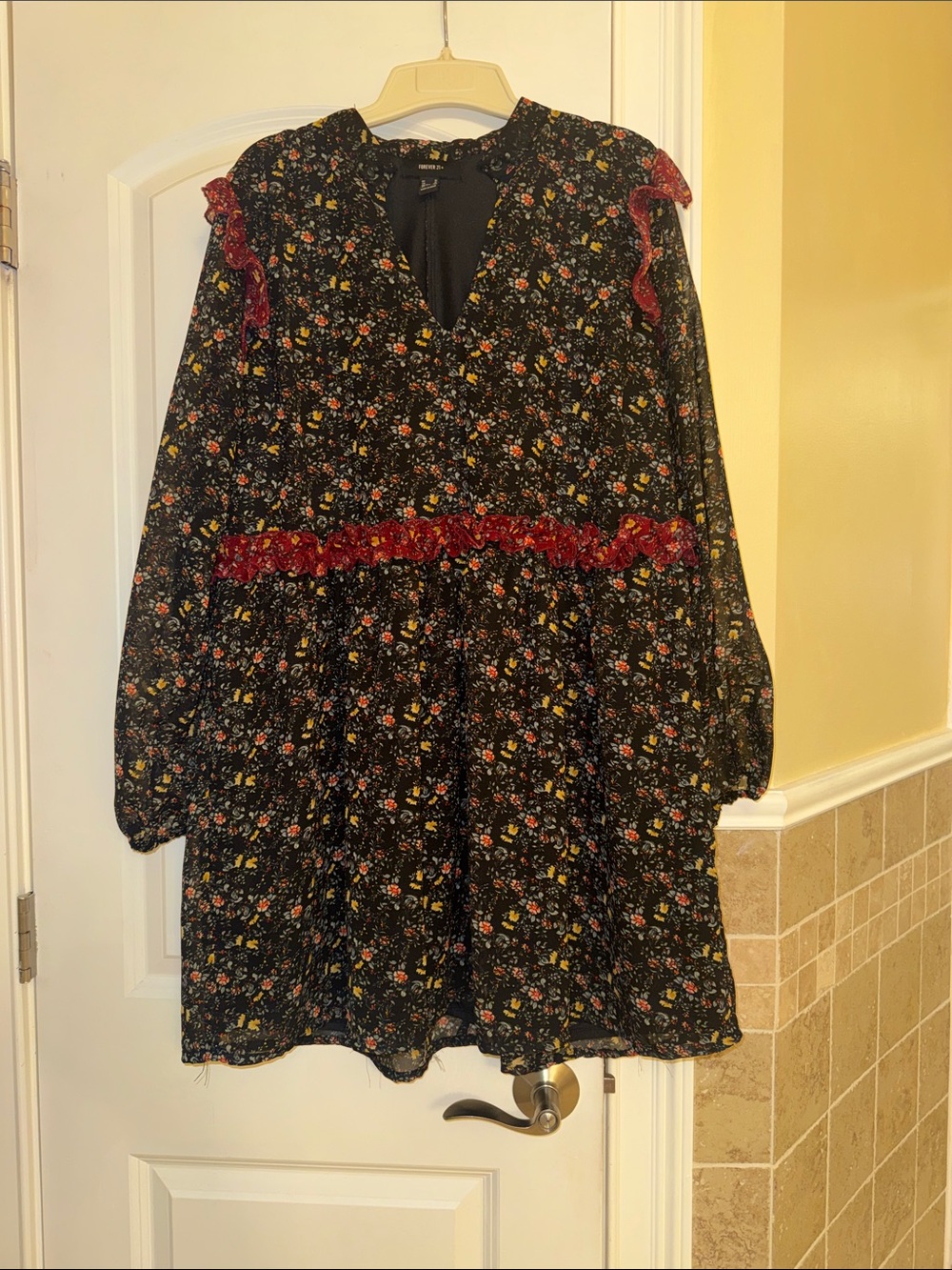 Forever 21 Black Floral Mini Dress with Red Lace Accents
